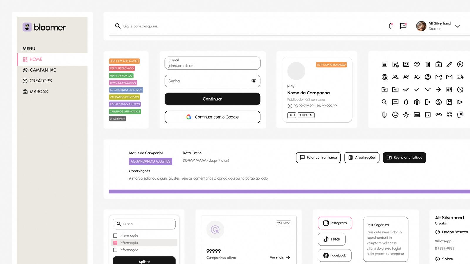 Bloomer — componentes de interface da plataforma